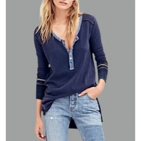 Free People Blue Slouchy Exposed Stitch Embellished Henley Top | Boho Grunge S - Picture 14 of 16